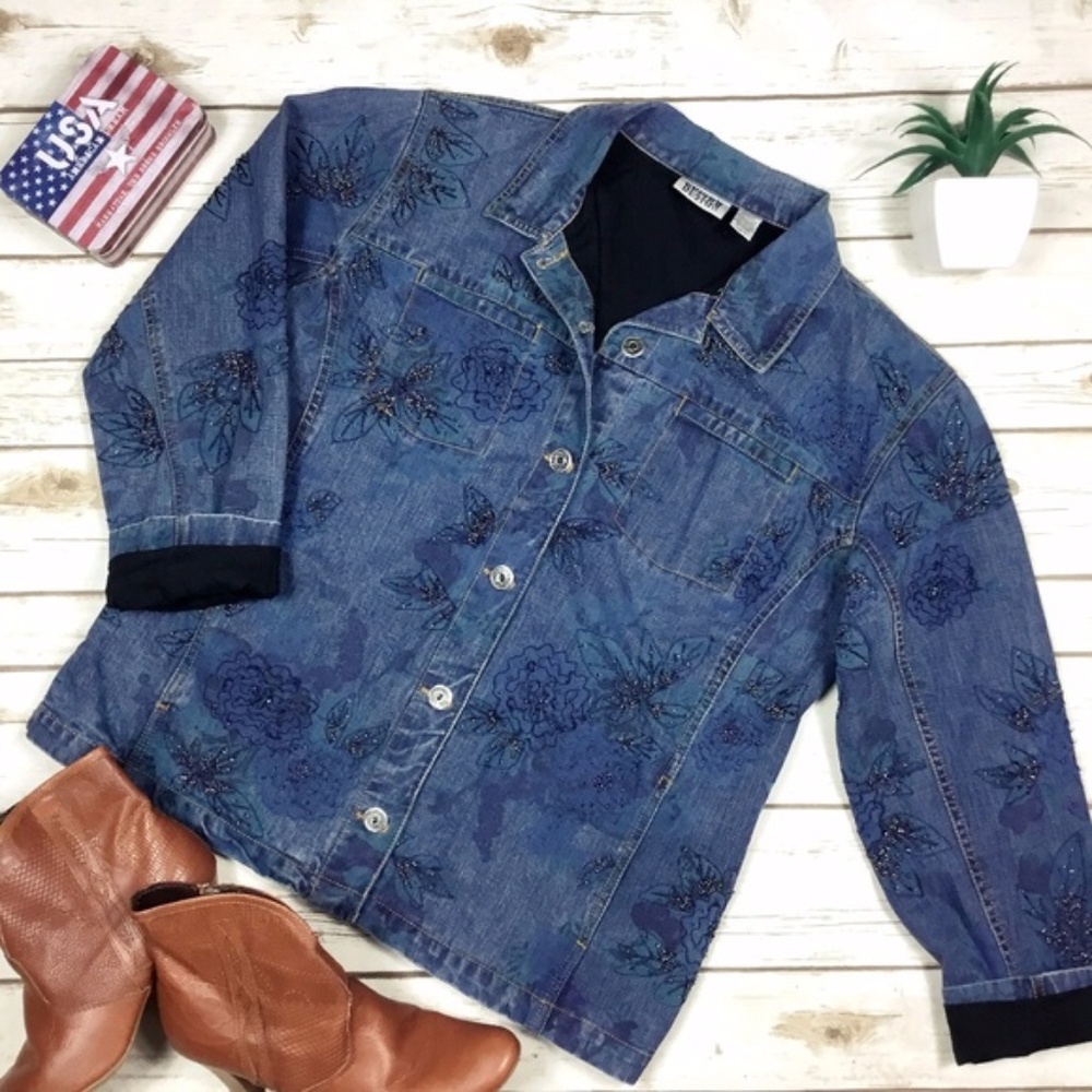Chico's Design Beaded Jean Denim Jacket Size 2